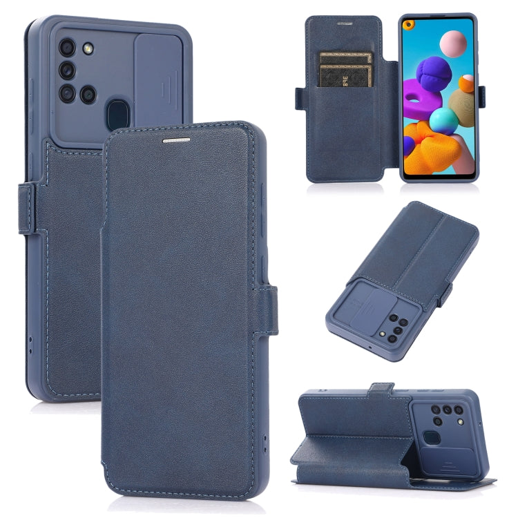 For Samsung Galaxy A21s Push Window Double Buckle PU + Silicone Horizontal Flip Leather Case with Holder & Card Slot(Blue) by buy2fix