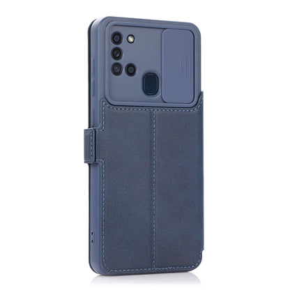 For Samsung Galaxy A21s Push Window Double Buckle PU + Silicone Horizontal Flip Leather Case with Holder & Card Slot(Blue) by buy2fix