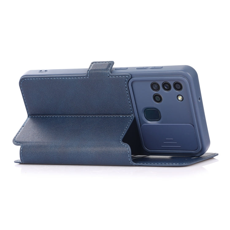 For Samsung Galaxy A21s Push Window Double Buckle PU + Silicone Horizontal Flip Leather Case with Holder & Card Slot(Blue) by buy2fix
