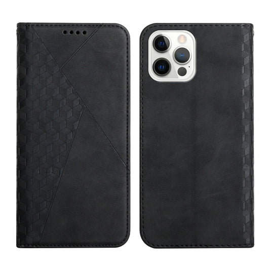For iPhone 12 / 12 Pro Diamond Pattern Splicing Skin Feel Magnetic Horizontal Flip Leather Case with Card Slots & Holder & Wallet(Black) by buy2fix