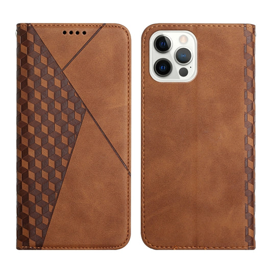 For iPhone 12 Pro Max Diamond Pattern Splicing Skin Feel Magnetic Horizontal Flip Leather Case with Card Slots & Holder & Wallet(Brown) by buy2fix