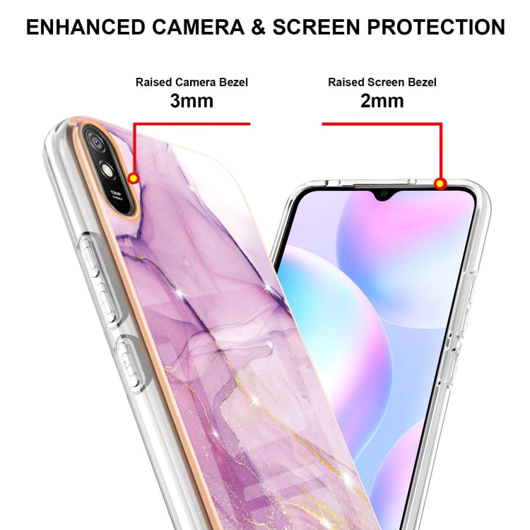 For Xiaomi Redmi 9A Electroplating Marble Pattern Dual-side IMD TPU Shockproof Case(Purple 001) - Xiaomi Cases by buy2fix | Online Shopping UK | buy2fix