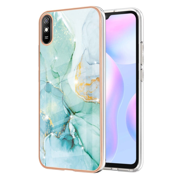 For Xiaomi Redmi 9A Electroplating Marble Pattern Dual-side IMD TPU Shockproof Case(Green 003) by buy2fix
