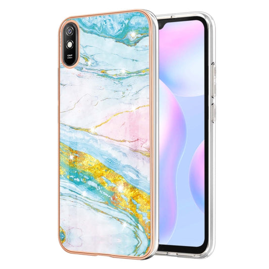 For Xiaomi Redmi 9A Electroplating Marble Pattern Dual-side IMD TPU Shockproof Case(Green 004) - Xiaomi Cases by buy2fix | Online Shopping UK | buy2fix