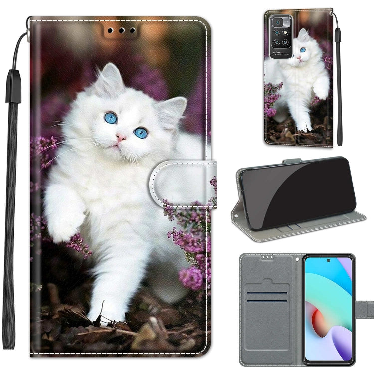 Voltage Coloured Drawing Magnetic Clasp Horizontal Flip PU Leather Case with Holder & Card Slots For Xiaomi Redmi 10(C08 Flower Bush Big White Cat) - Xiaomi Cases by buy2fix | Online Shopping UK | buy2fix