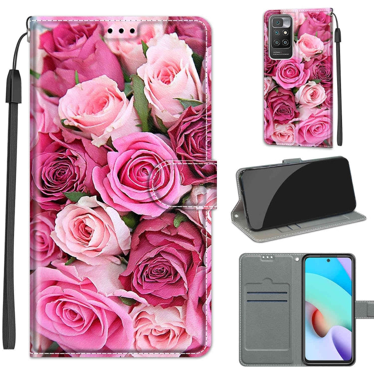 Voltage Coloured Drawing Magnetic Clasp Horizontal Flip PU Leather Case with Holder & Card Slots For Xiaomi Redmi 10(C17 Green Leaf Pink Rose) - Xiaomi Cases by buy2fix | Online Shopping UK | buy2fix