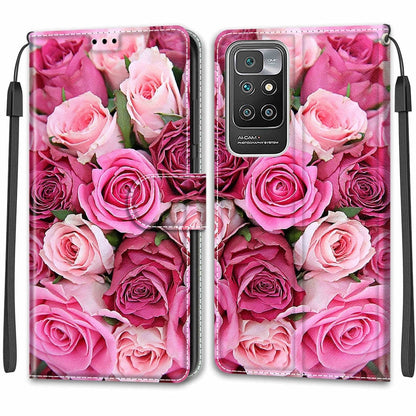 Voltage Coloured Drawing Magnetic Clasp Horizontal Flip PU Leather Case with Holder & Card Slots For Xiaomi Redmi 10(C17 Green Leaf Pink Rose) - Xiaomi Cases by buy2fix | Online Shopping UK | buy2fix