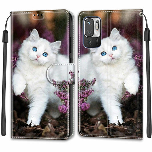 Voltage Coloured Drawing Magnetic Clasp Horizontal Flip PU Leather Case with Holder & Card Slots For Xiaomi Redmi Note 10 5G(C08 Flower Bush Big White Cat) by buy2fix