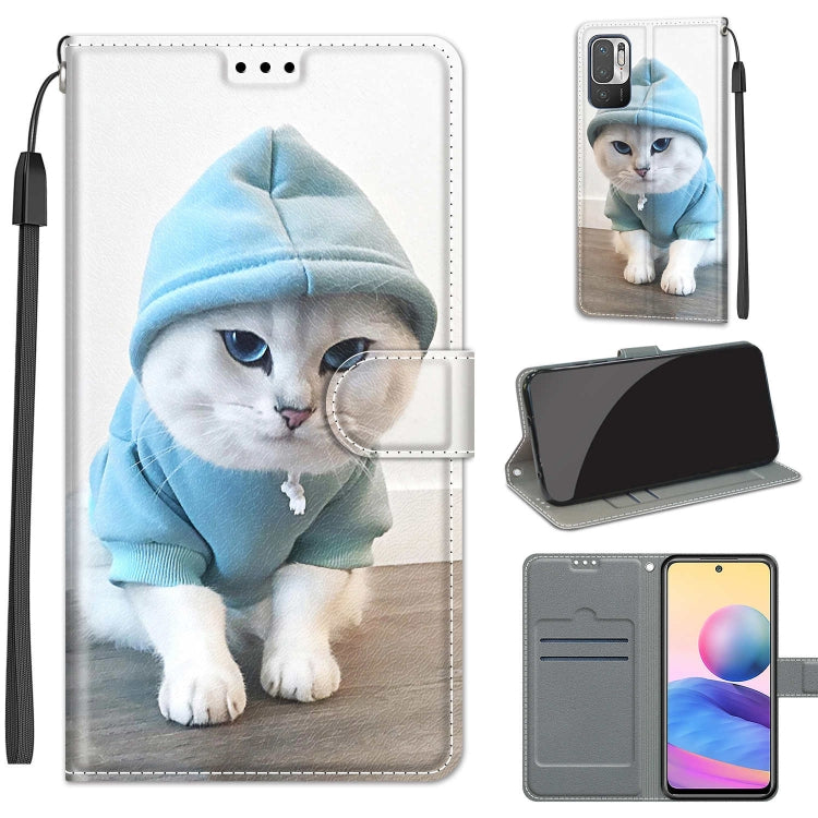 Voltage Coloured Drawing Magnetic Clasp Horizontal Flip PU Leather Case with Holder & Card Slots For Xiaomi Redmi Note 10 5G(C15 Blue Sweater White Cat) by buy2fix