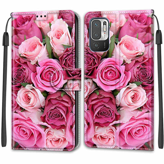 Voltage Coloured Drawing Magnetic Clasp Horizontal Flip PU Leather Case with Holder & Card Slots For Xiaomi Redmi Note 10 5G(C17 Green Leaf Pink Rose) by buy2fix