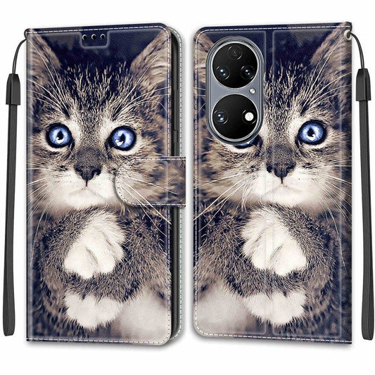 Voltage Coloured Drawing Magnetic Clasp Horizontal Flip PU Leather Case with Holder & Card Slots For Huawei P50(C02 Fork Hand White Claw Cat) by buy2fix