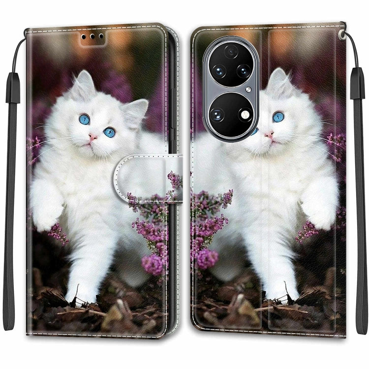 Voltage Coloured Drawing Magnetic Clasp Horizontal Flip PU Leather Case with Holder & Card Slots For Huawei P50(C08 Flower Bush Big White Cat) - Huawei Cases by buy2fix | Online Shopping UK | buy2fix