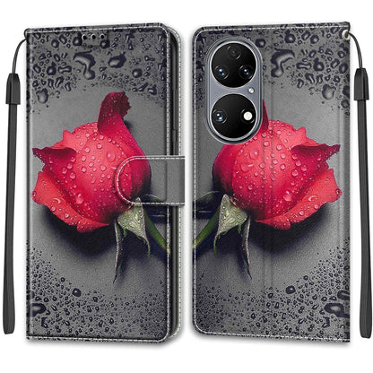 Voltage Coloured Drawing Magnetic Clasp Horizontal Flip PU Leather Case with Holder & Card Slots For Huawei P50(C14 Black Water Drop Rose) - Huawei Cases by buy2fix | Online Shopping UK | buy2fix