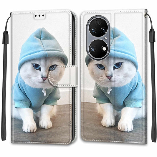 Voltage Coloured Drawing Magnetic Clasp Horizontal Flip PU Leather Case with Holder & Card Slots For Huawei P50(C15 Blue Sweater White Cat) by buy2fix