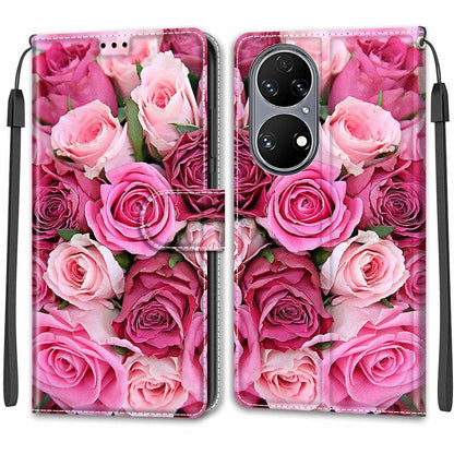 Voltage Coloured Drawing Magnetic Clasp Horizontal Flip PU Leather Case with Holder & Card Slots For Huawei P50(C17 Green Leaf Pink Rose) - Huawei Cases by buy2fix | Online Shopping UK | buy2fix
