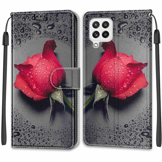 Voltage Coloured Drawing Magnetic Clasp Horizontal Flip PU Leather Case with Holder & Card Slots For Samsung Galaxy A22 4G(C14 Black Water Drop Rose) by buy2fix