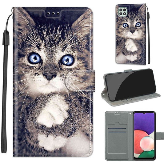 Voltage Coloured Drawing Magnetic Clasp Horizontal Flip PU Leather Case with Holder & Card Slots For Samsung Galaxy A22 5G(C02 Fork Hand White Claw Cat) by buy2fix