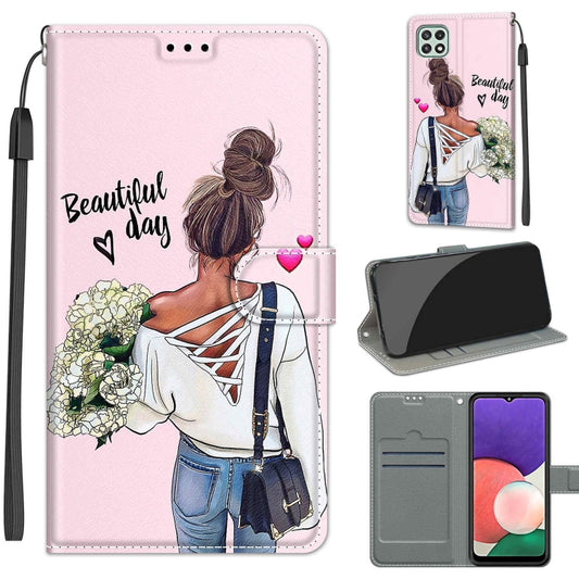 Voltage Coloured Drawing Magnetic Clasp Horizontal Flip PU Leather Case with Holder & Card Slots For Samsung Galaxy A22 5G(C09 Hug Flower) by buy2fix