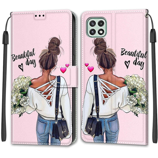 Voltage Coloured Drawing Magnetic Clasp Horizontal Flip PU Leather Case with Holder & Card Slots For Samsung Galaxy A22 5G(C09 Hug Flower) by buy2fix