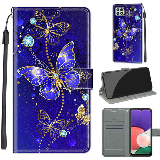Voltage Coloured Drawing Magnetic Clasp Horizontal Flip PU Leather Case with Holder & Card Slots For Samsung Galaxy A22 5G(C11 Blue Golden Chain Butterflies) by buy2fix