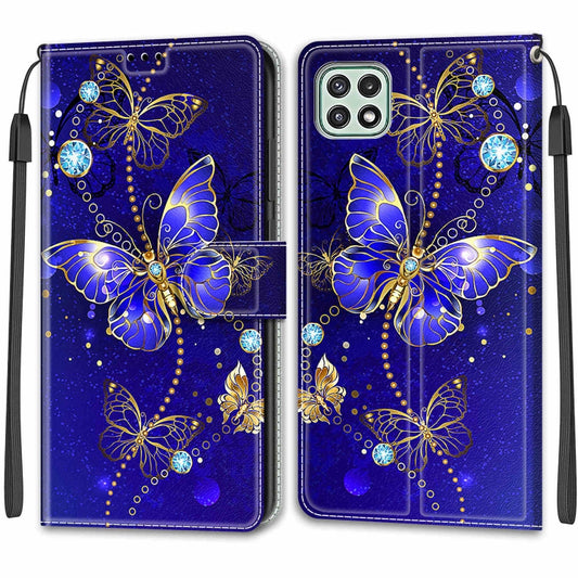 Voltage Coloured Drawing Magnetic Clasp Horizontal Flip PU Leather Case with Holder & Card Slots For Samsung Galaxy A22 5G(C11 Blue Golden Chain Butterflies) by buy2fix