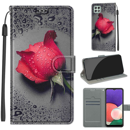 Voltage Coloured Drawing Magnetic Clasp Horizontal Flip PU Leather Case with Holder & Card Slots For Samsung Galaxy A22 5G(C14 Black Water Drop Rose) by buy2fix