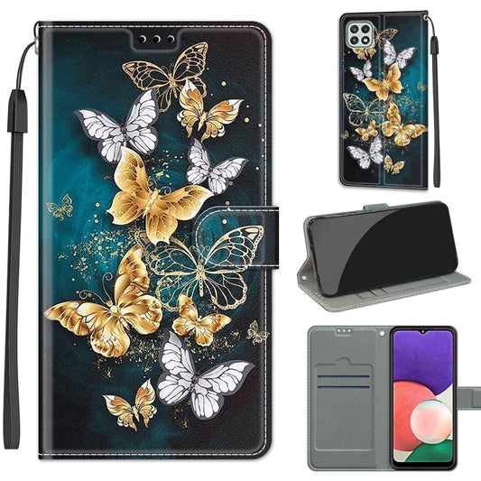 Voltage Coloured Drawing Magnetic Clasp Horizontal Flip PU Leather Case with Holder & Card Slots For Samsung Galaxy A22 5G(C20 Gold Silver Flying Butterflies) by buy2fix