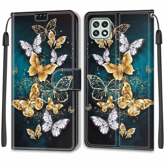 Voltage Coloured Drawing Magnetic Clasp Horizontal Flip PU Leather Case with Holder & Card Slots For Samsung Galaxy A22 5G(C20 Gold Silver Flying Butterflies) by buy2fix