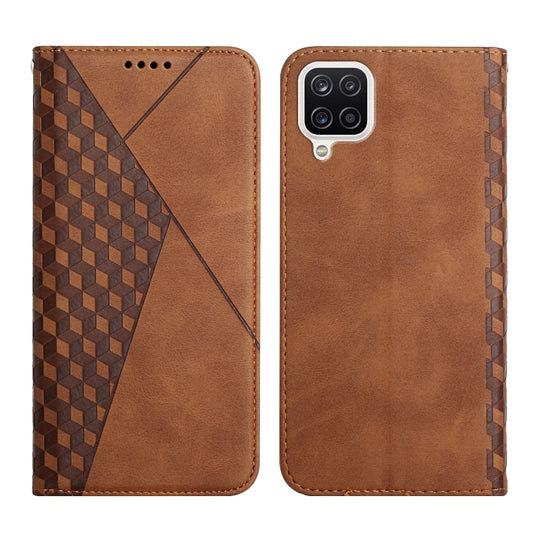 For Samsung Galaxy A12 Diamond Pattern Splicing Skin Feel Magnetic Horizontal Flip Leather Case with Card Slots & Holder & Wallet(Brown)