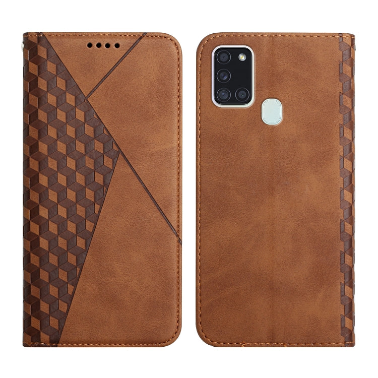 For Samsung Galaxy A21s Diamond Pattern Splicing Skin Feel Magnetic Horizontal Flip Leather Case with Card Slots & Holder & Wallet(Brown) by buy2fix