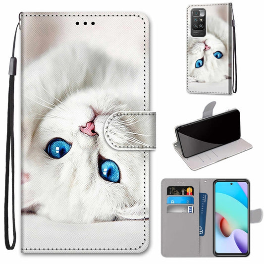 For Xiaomi Redmi 10 Coloured Drawing Cross Texture Horizontal Flip PU Leather Case with Holder & Card Slots & Wallet & Lanyard(White Kitten) - Xiaomi Cases by buy2fix | Online Shopping UK | buy2fix