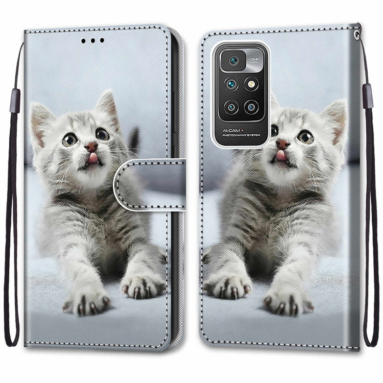 For Xiaomi Redmi 10 Coloured Drawing Cross Texture Horizontal Flip PU Leather Case with Holder & Card Slots & Wallet & Lanyard(Small Gray Cat) by buy2fix