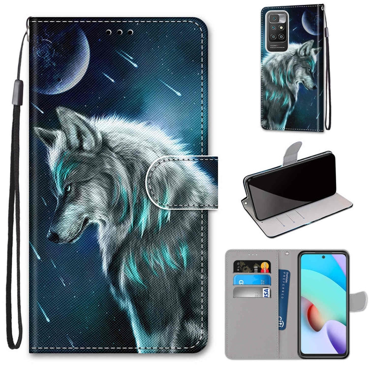 For Xiaomi Redmi 10 Coloured Drawing Cross Texture Horizontal Flip PU Leather Case with Holder & Card Slots & Wallet & Lanyard(Pensive Wolf) by buy2fix