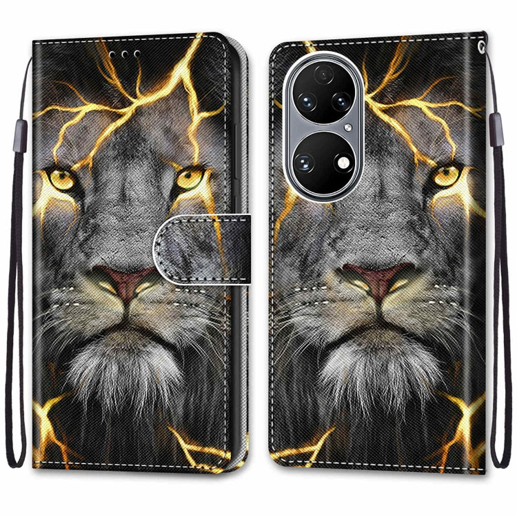 For Huawei P50 Coloured Drawing Cross Texture Horizontal Flip PU Leather Case with Holder & Card Slots & Wallet & Lanyard(Fission Lion) - Huawei Cases by buy2fix | Online Shopping UK | buy2fix