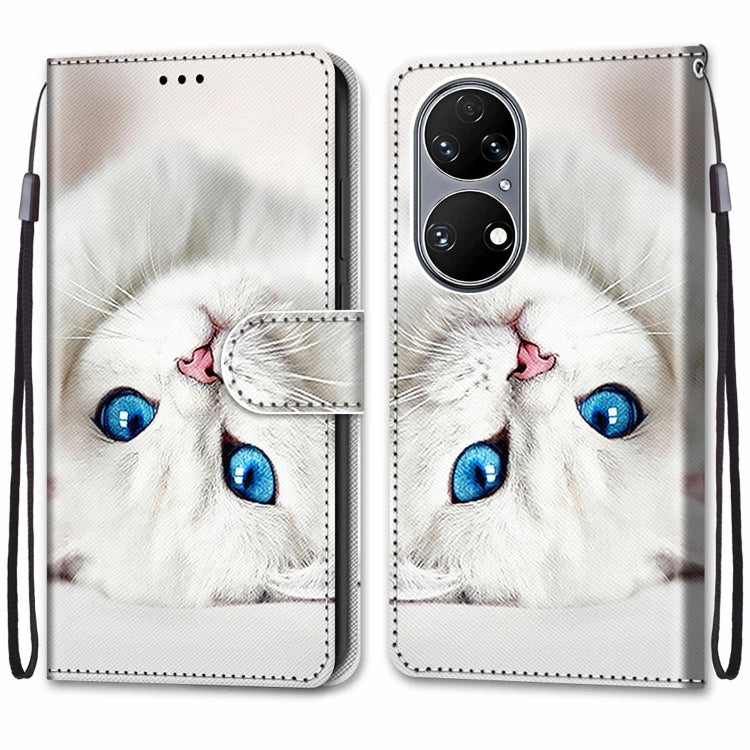 For Huawei P50 Coloured Drawing Cross Texture Horizontal Flip PU Leather Case with Holder & Card Slots & Wallet & Lanyard(White Kitten) - Huawei Cases by buy2fix | Online Shopping UK | buy2fix