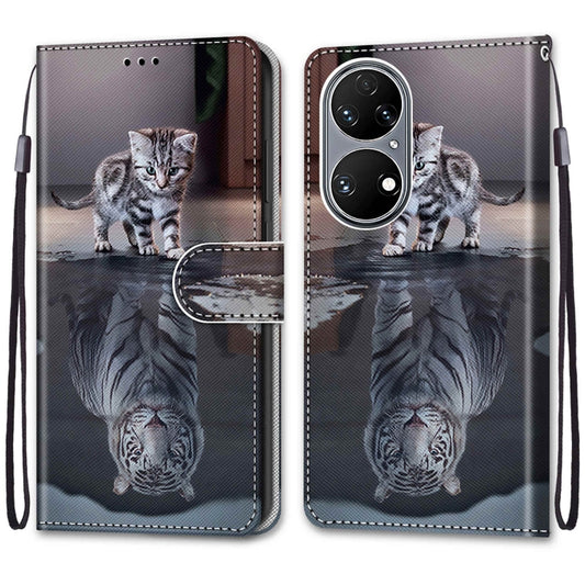 For Huawei P50 Coloured Drawing Cross Texture Horizontal Flip PU Leather Case with Holder & Card Slots & Wallet & Lanyard(Cat Becomes Tiger) by buy2fix