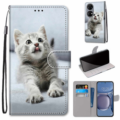 For Huawei P50 Coloured Drawing Cross Texture Horizontal Flip PU Leather Case with Holder & Card Slots & Wallet & Lanyard(Small Gray Cat) - Huawei Cases by buy2fix | Online Shopping UK | buy2fix