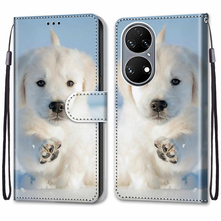 For Huawei P50 Coloured Drawing Cross Texture Horizontal Flip PU Leather Case with Holder & Card Slots & Wallet & Lanyard(Snow Puppy) - Huawei Cases by buy2fix | Online Shopping UK | buy2fix