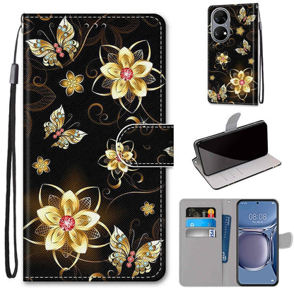 For Huawei P50 Coloured Drawing Cross Texture Horizontal Flip PU Leather Case with Holder & Card Slots & Wallet & Lanyard(Gold Diamond Butterfly) - Huawei Cases by buy2fix | Online Shopping UK | buy2fix