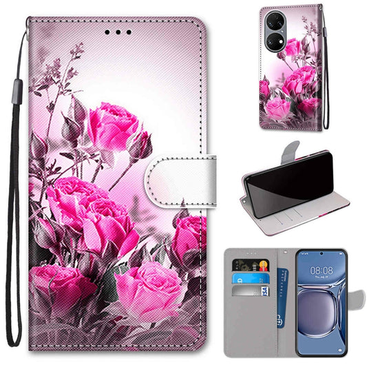 For Huawei P50 Coloured Drawing Cross Texture Horizontal Flip PU Leather Case with Holder & Card Slots & Wallet & Lanyard(Wild Rose) - Huawei Cases by buy2fix | Online Shopping UK | buy2fix