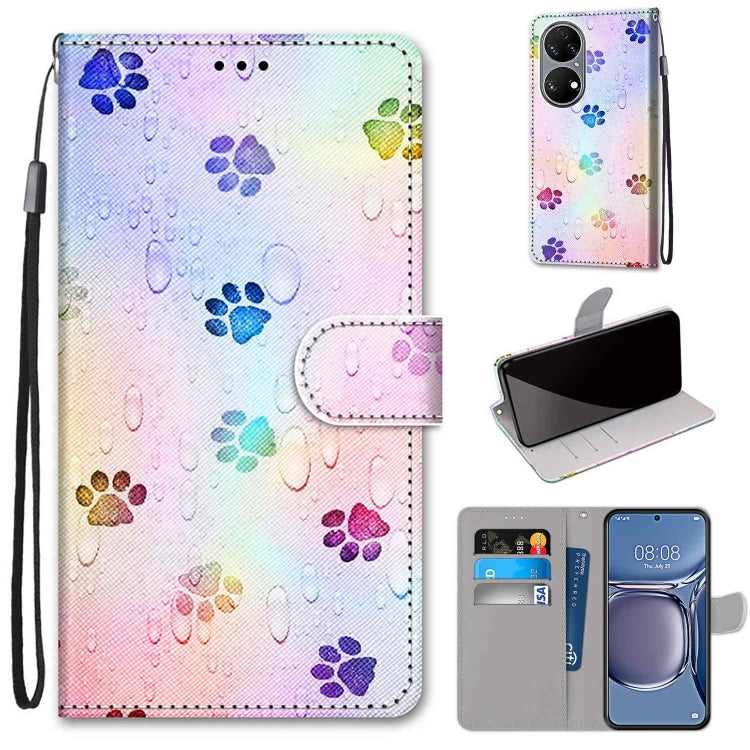 For Huawei P50 Coloured Drawing Cross Texture Horizontal Flip PU Leather Case with Holder & Card Slots & Wallet & Lanyard(Footprint Water Drops) - Huawei Cases by buy2fix | Online Shopping UK | buy2fix