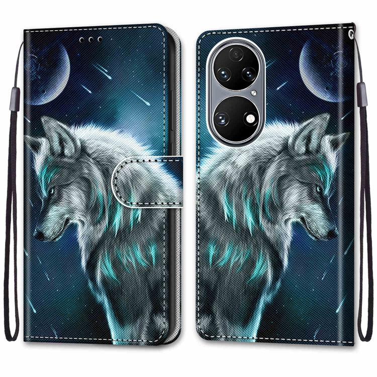 For Huawei P50 Coloured Drawing Cross Texture Horizontal Flip PU Leather Case with Holder & Card Slots & Wallet & Lanyard(Pensive Wolf) - Huawei Cases by buy2fix | Online Shopping UK | buy2fix
