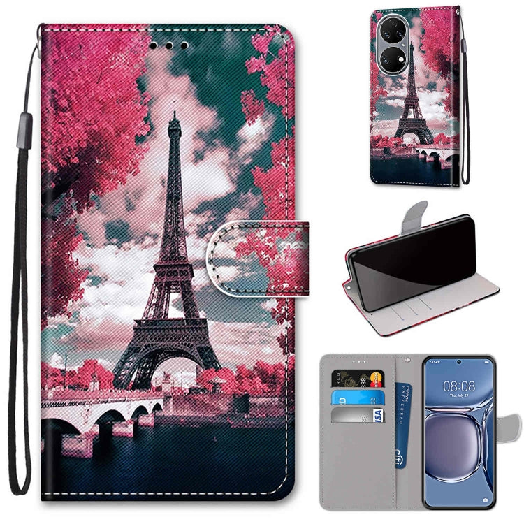 For Huawei P50 Coloured Drawing Cross Texture Horizontal Flip PU Leather Case with Holder & Card Slots & Wallet & Lanyard(Pink Flower Tower Bridge) - Huawei Cases by buy2fix | Online Shopping UK | buy2fix