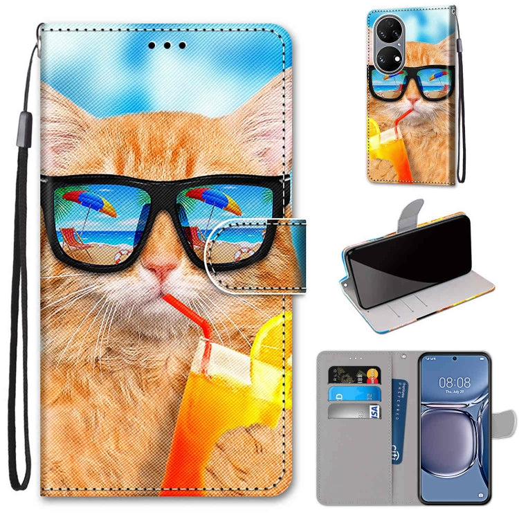 For Huawei P50 Coloured Drawing Cross Texture Horizontal Flip PU Leather Case with Holder & Card Slots & Wallet & Lanyard(Cat Drinking Soda) - Huawei Cases by buy2fix | Online Shopping UK | buy2fix