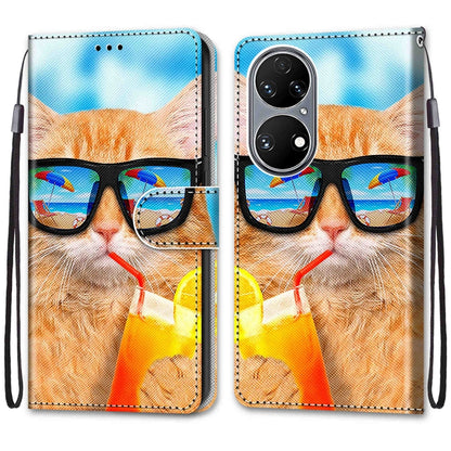 For Huawei P50 Coloured Drawing Cross Texture Horizontal Flip PU Leather Case with Holder & Card Slots & Wallet & Lanyard(Cat Drinking Soda) - Huawei Cases by buy2fix | Online Shopping UK | buy2fix