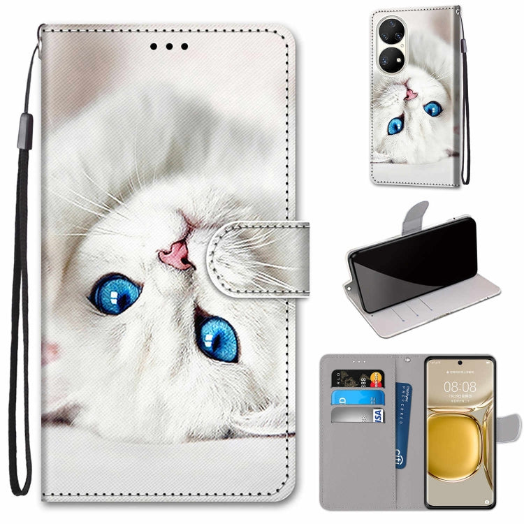 For Huawei P50 Pro Coloured Drawing Cross Texture Horizontal Flip PU Leather Case with Holder & Card Slots & Wallet & Lanyard(White Kitten) - Huawei Cases by buy2fix | Online Shopping UK | buy2fix