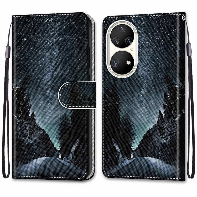 For Huawei P50 Pro Coloured Drawing Cross Texture Horizontal Flip PU Leather Case with Holder & Card Slots & Wallet & Lanyard(Mountain Road Starry Sky) - Huawei Cases by buy2fix | Online Shopping UK | buy2fix