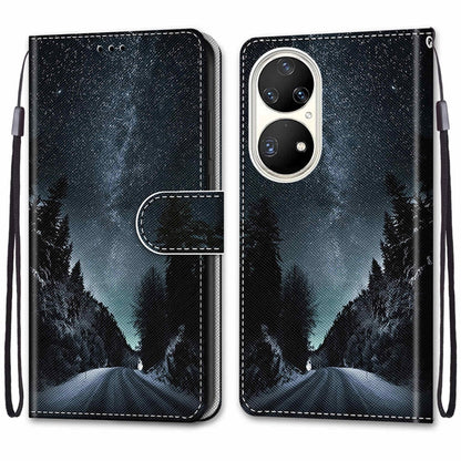 For Huawei P50 Pro Coloured Drawing Cross Texture Horizontal Flip PU Leather Case with Holder & Card Slots & Wallet & Lanyard(Mountain Road Starry Sky) - Huawei Cases by buy2fix | Online Shopping UK | buy2fix