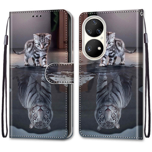 For Huawei P50 Pro Coloured Drawing Cross Texture Horizontal Flip PU Leather Case with Holder & Card Slots & Wallet & Lanyard(Cat Becomes Tiger) by buy2fix