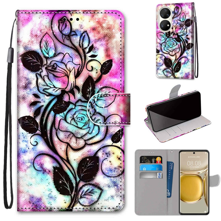 For Huawei P50 Pro Coloured Drawing Cross Texture Horizontal Flip PU Leather Case with Holder & Card Slots & Wallet & Lanyard(Color Bottom Hollow Flower) - Huawei Cases by buy2fix | Online Shopping UK | buy2fix